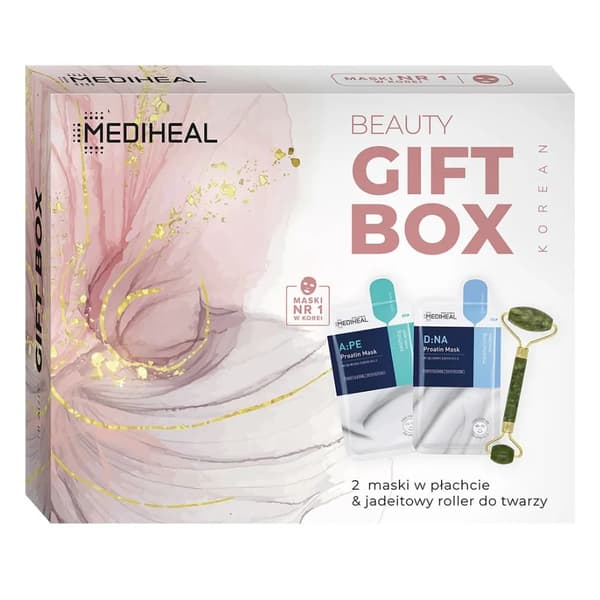 MEDIHEAL-setti, jossa on kaksi vihreästä jadeiitista valmistettua naamiota ja rulla (D:NA Aquaring Proatin Mask 25 ml + Proatin A:PE 25 ml)