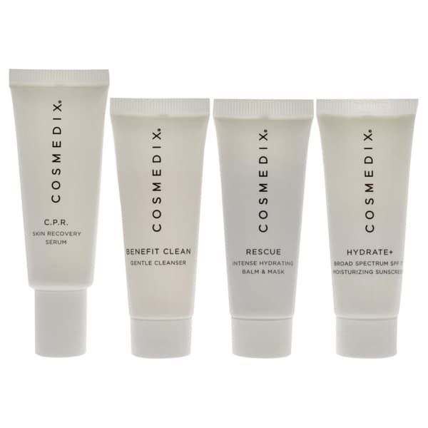 Essentials Kit til sensitiv hud fra Cosmedix til unisex - 4 stk. 0,5 oz Benefit Clean, 0,5 oz CPR, 0,5 oz Rescue, 0,5 oz Hydrate Plus