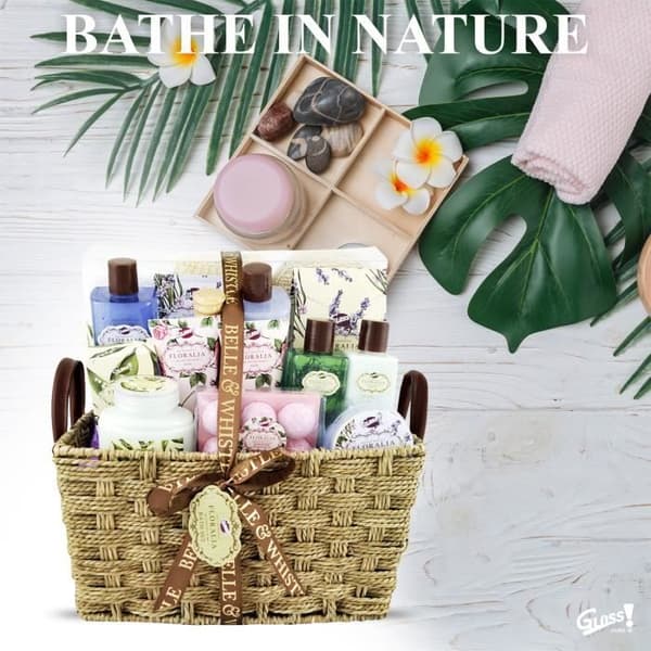 Glans! Premium lavendel-grön-rosa te blomdoftbad presentset 21 delar XM23390