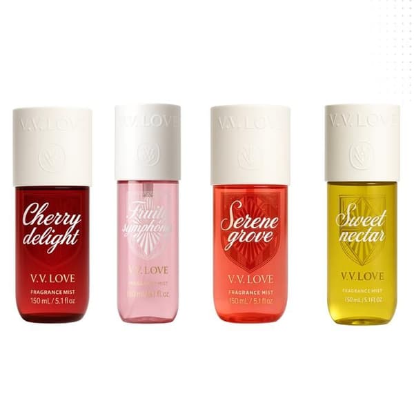 VV kärlek Pack Cherry Delight + Fruity Symphony + Serene Grove + Sweet Nectar Brume Parfumée för kvinna