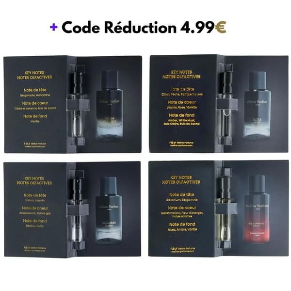 Melina Parfums Upptäcktsset – 4 Doftprover: Trésor d’Afrique, Rose Sauvage, Baccarat Élixir, Red Magic Aïsha (4 x 2ml)