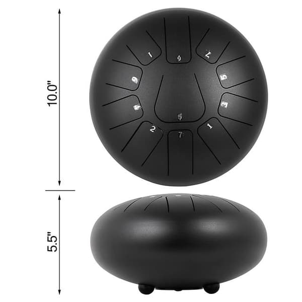 Steel Tongue Drum | Handpan | 10in/25cm | 11 nuotit | Singing Bowl | kanssa rumpukapuloita | Musta