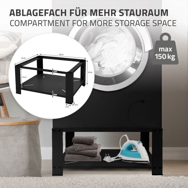 ML-Design Pesukoneen alusta säilytystilalla 63x54 cm; musta teräs; max 150 kg; pesukonekaappi; vankka pesukoneen jalusta; 32 cm korkea alusta