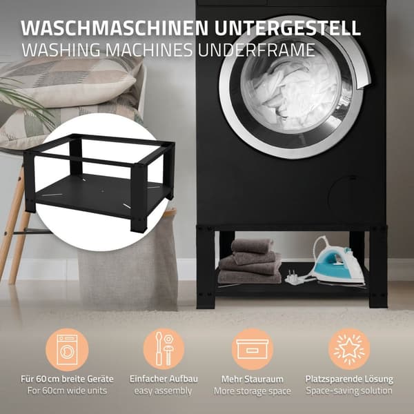 ML-Design Pesukoneen alusta säilytystilalla 63x54 cm; musta teräs; max 150 kg; pesukonekaappi; vankka pesukoneen jalusta; 32 cm korkea alusta
