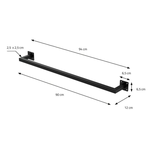 ML-Design Vaatetanko seinälle; T12cm x L90cm; Musta; ruostumaton teräs; U-muotoinen vaatetanko; seinäkiinnitys; vaateteline; sisältää