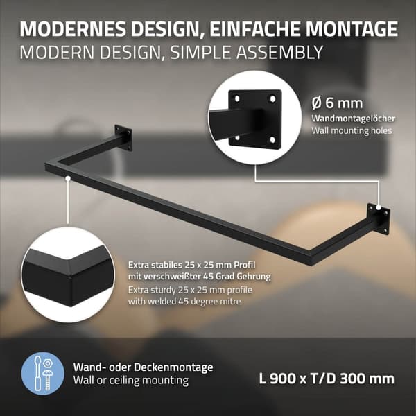 ML-Design Tøjstang Rektangel til væggen; T30cm x B90cm; Sort; af rustfrit stål; Garderobestang U-form; Tøjstativ til vægmontering; Tøjstativ