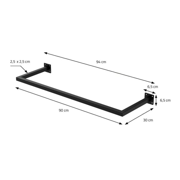 ML-Design Tøjstang Rektangel til væggen; T30cm x B90cm; Sort; af rustfrit stål; Garderobestang U-form; Tøjstativ til vægmontering; Tøjstativ