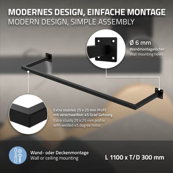 ML-Design Klädstång Rektangel för vägg; T30cm x B110cm; Svart; av rostfritt stål; rostfri; Klädhängare U-form; Klädställning för väggmontering;