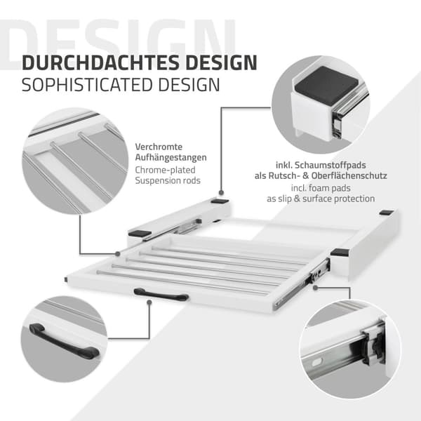 ML-Design Mellanram med tvättlina; Stål 60;5x54;5cm Vit; Tvättmaskin/Torktumlare Anslutningsram; Mellanbyggnadssats med utdragbar handdukshållare;