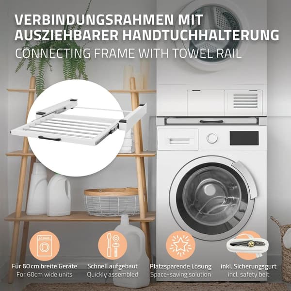 ML-Design Mellanram med tvättlina; Stål 60;5x54;5cm Vit; Tvättmaskin/Torktumlare Anslutningsram; Mellanbyggnadssats med utdragbar handdukshållare;