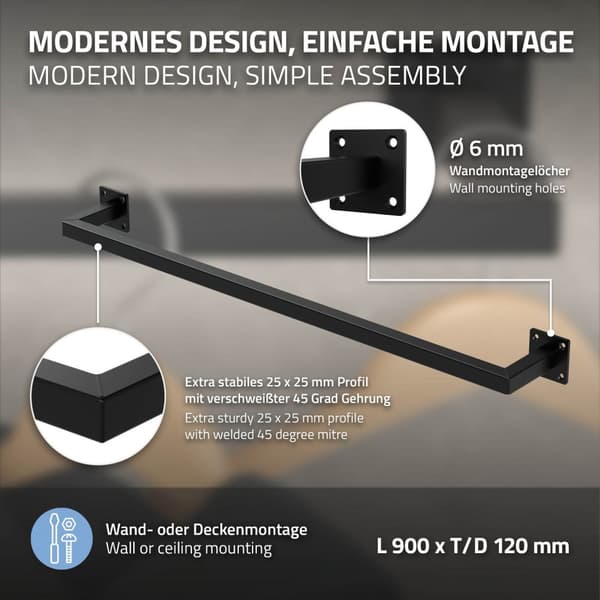 Rektangulär klädstång för vägg 12x90 cm svart stål ML design