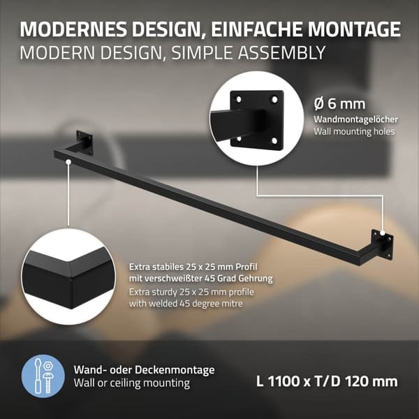 Rektangulært tøjstativ til væggen 12x110 cm sort stål ML-design