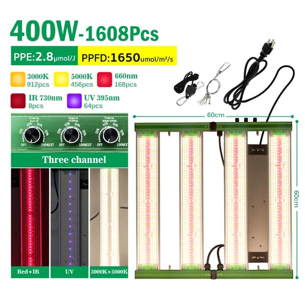 Dæmpbar LED Plantevækstlys, 400W Effekt, Tre Kanal Design,EU, Tre Kanal