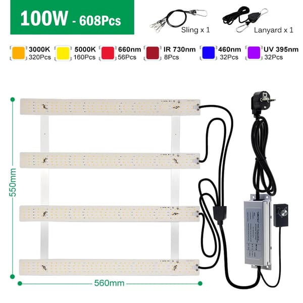 Fullspektrum LED-växtlampa, dimbar design, IP65 vattentålig,100W