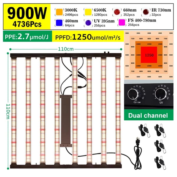 Fullspektrum LED-växtljus, dimbart, hög PPFD,900W, EU