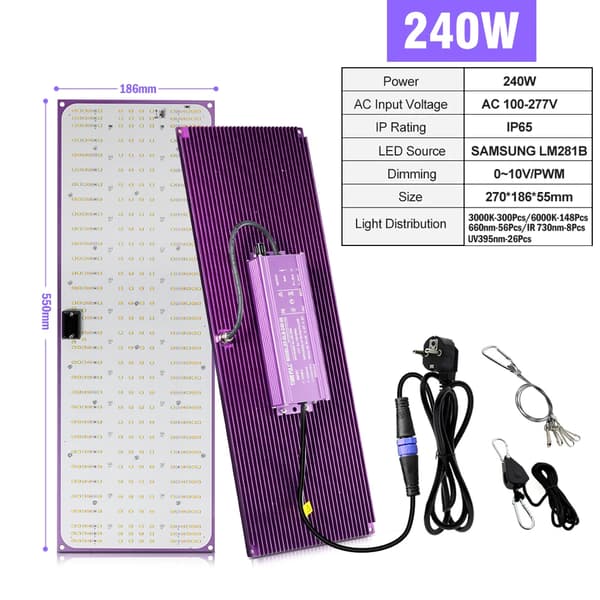 Fullspektrum LED-växtbelysning, 120W/240W effekt, dimbar funktionalitet,240W