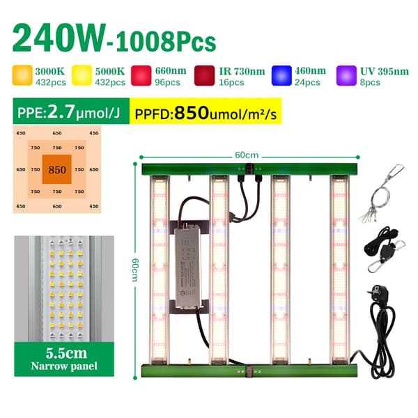 LED Vækstlys, Dæmpbart Fuldspektrum, Justerbart Design,240W