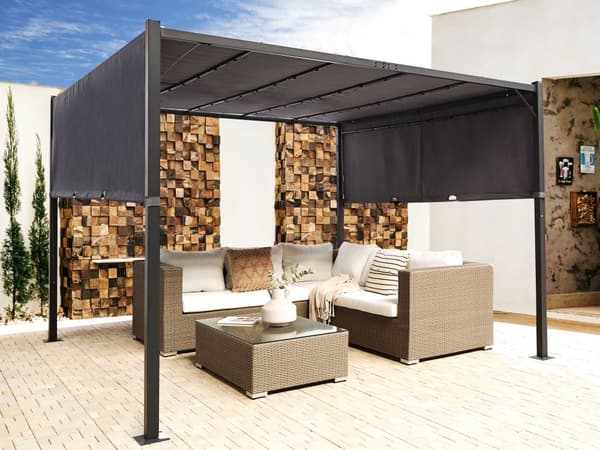 Pergola Grå Polyester Stål 310 x 310 cm Stofskærm Metalramme Solar LED Lys Havepavillon