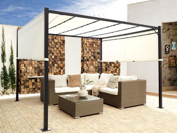 Pergola beige polyester stål 310 x 310 cm solcellebelysning LED-lys