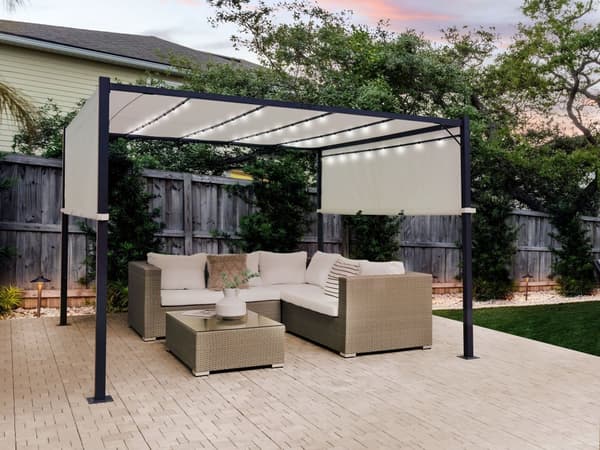 Pergola beige polyester stål 310 x 310 cm solcellebelysning LED-lys