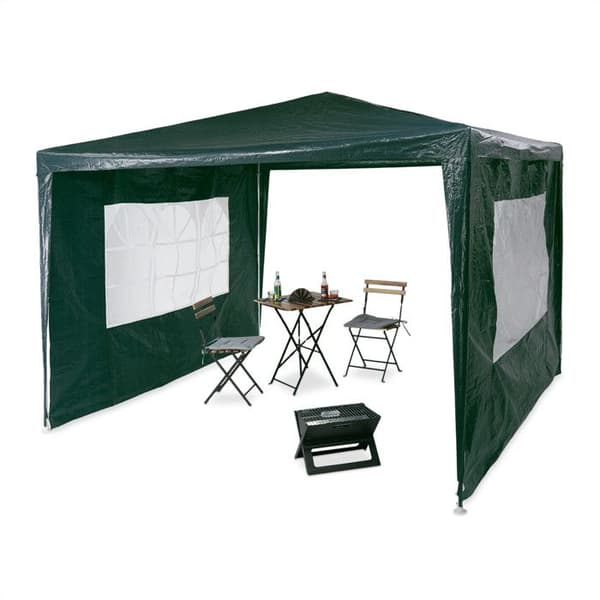 Relaxdays Tonnelle pavillon chapiteau pergola festival 3x3 m, 2 sidor fönster metall PE trädgårdstält, grön