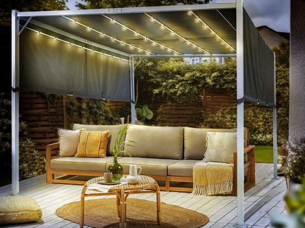Puutarhakatos harmaa 310 x 215 x 310 cm teräs polyesteri LED-valot säädettävä aurinkopaneeli moderni