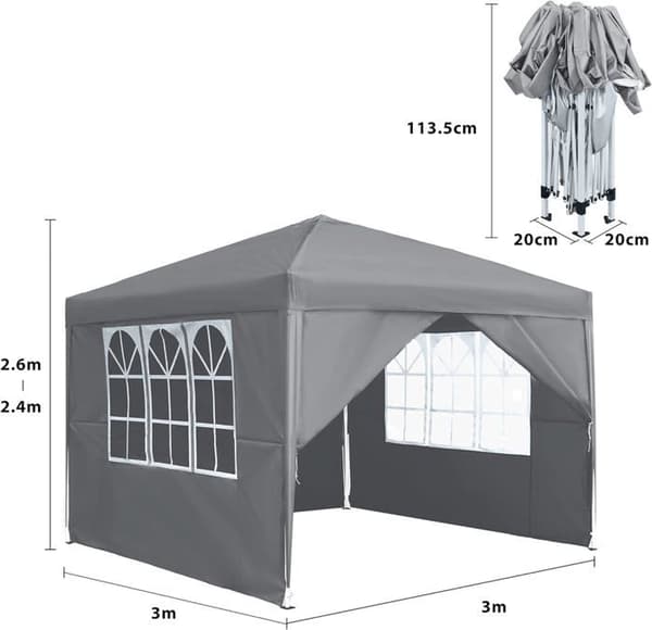 Vikbart lusthus - YUENFONG - 3 x 3 m - Vattentätt och UV-skydd - Grå