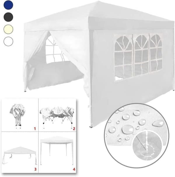 YUENFONG hopfällbart lusthus 10x10 fot vattentätt partytält med 4 sidopaneler, UV-skydd och utrymme för bakgård, vit