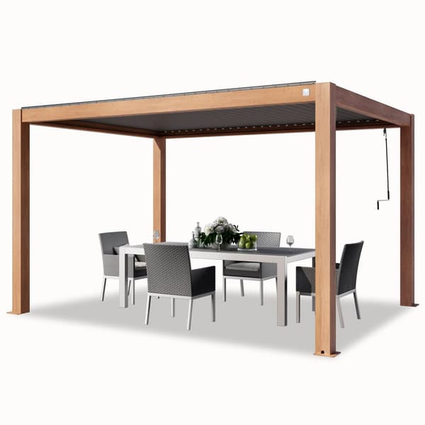 PRIMEYARD Pergola 3x4 m stolpar av aluminium i trälook med lamelltak av aluminium terrasstak