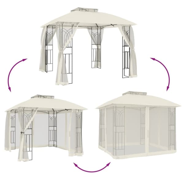 vidaXL Paviljong med dubbelt tak & nätväggar gräddvit 2,94x2,94 m stål