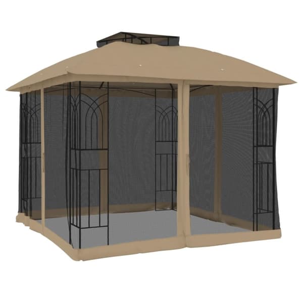 vidaXL pavillon 2,94x2,94 m dobbelt tag + meshvægge stål gråbrun