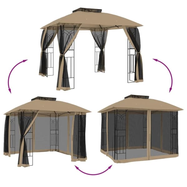 vidaXL pavillon 2,94x2,94 m dobbelt tag + meshvægge stål gråbrun