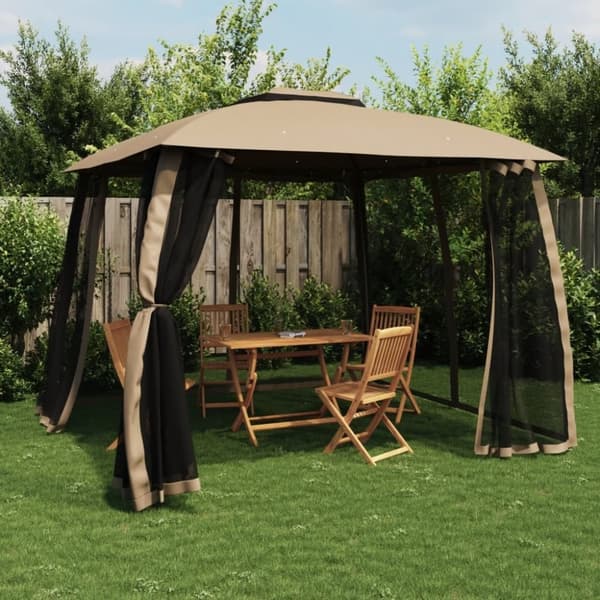 vidaXL Paviljong med dubbelt tak & nätväggar taupe 2,93x2,93 m stål