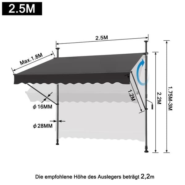 LARS360 Markis 150 x 120 cm Soltakvev för balkong UV-beständig Ingen borrning (Ljusgrå)