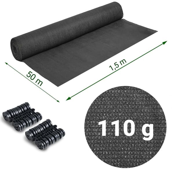 Varjostinverkko 1,5x50m 110g/m2 + 50 puristinta harmaa