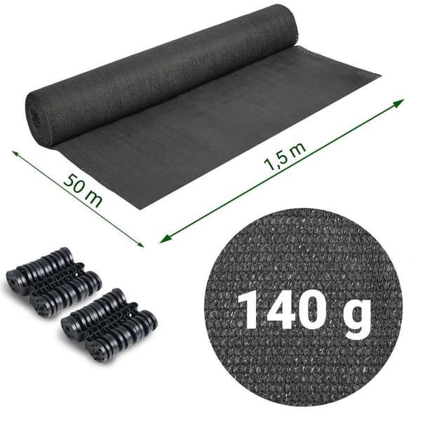 Skuggnät 1,5x50m 140g/m2 + 50 klämmor grå
