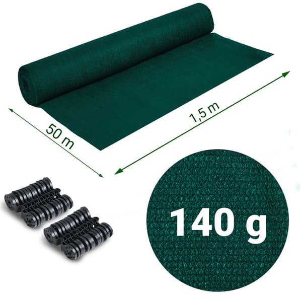 Varjostinverkko 1,5x50m 140g/m2 + 50 puristinta vihreää