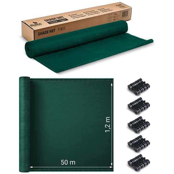 Skuggnät 1,2x50m 110g/m2 + 50 klämmor grön