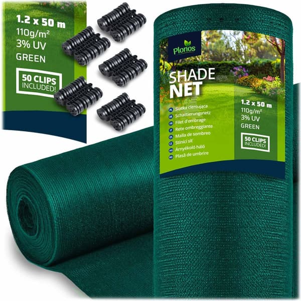 Varjostinverkko 1,2x50m 110g/m2 + 50 puristinta vihreää