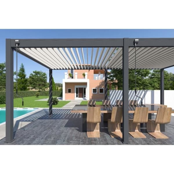 Pergola - Aluminium - OMBREA - Bioklimatisk - Antracit och vita lameller - 3x6 m