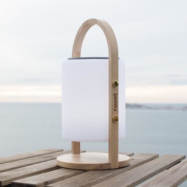 Trådlös bluetooth högtalarlampa - LUMISKY - WOODY PLAY - H37 cm - Trähandtag - Dimbar vit och flerfärgad LED