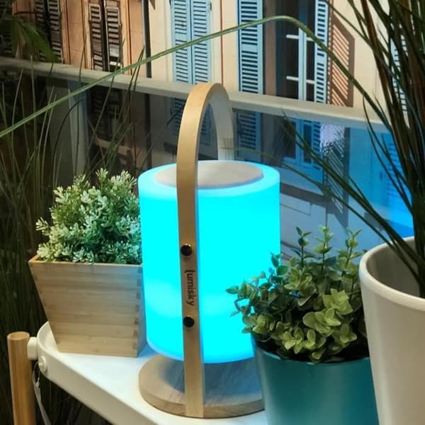 Trådlös bluetooth högtalarlampa - LUMISKY - WOODY PLAY - H37 cm - Trähandtag - Dimbar vit och flerfärgad LED