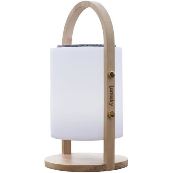 Trådlös bluetooth högtalarlampa - LUMISKY - WOODY PLAY - H37 cm - Trähandtag - Dimbar vit och flerfärgad LED