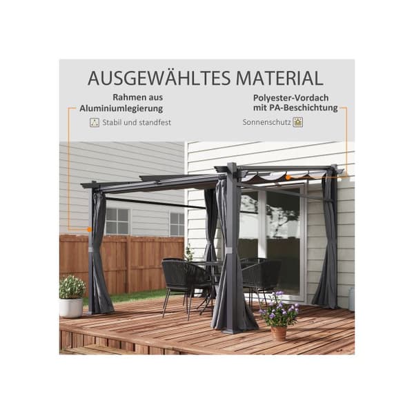 Outsunny Pergola 2,97 x 2,95 m, vattentålig pavilion med soltak, sidodelar, terrassöverdrag, polyester, mörkgrå