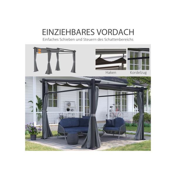 Outsunny Pergola 2,97 x 2,95 m, vattentålig pavilion med soltak, sidodelar, terrassöverdrag, polyester, mörkgrå