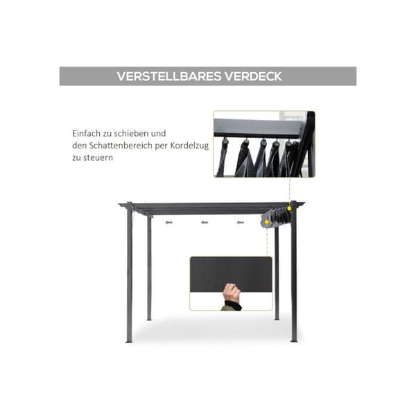 Outsunny Pergola Paviljong Terrass tak med glidande tak, trädgård, aluminium, kolgrå + mörkgrå, 3x3x2,23m
