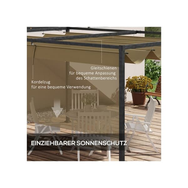 Outsunny Gazebo 4x3m Trädgårdsgazebo, stålterrasstak, trädgårdgazebo med justerbart tak, färg kaki