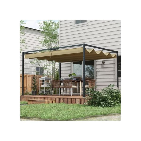 Outsunny Gazebo 4x3m Trädgårdsgazebo, stålterrasstak, trädgårdgazebo med justerbart tak, färg kaki