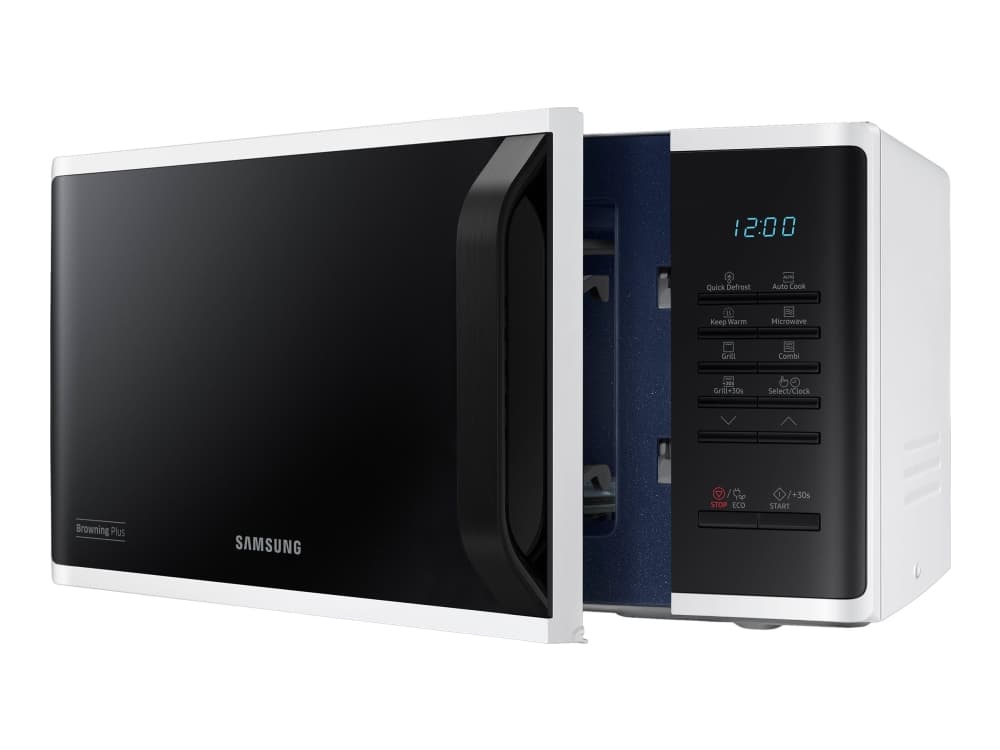 Samsung MG23K3513AW/EG, Countertop, Grillmikrovågsugn, 23 l, 800 W, Knappar, Rotations-, Svart, Vit