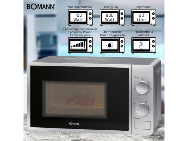 Bomann MWG 6015 CB - Mikrobølgeovn med grill - 20 liter - 700 W - sølv